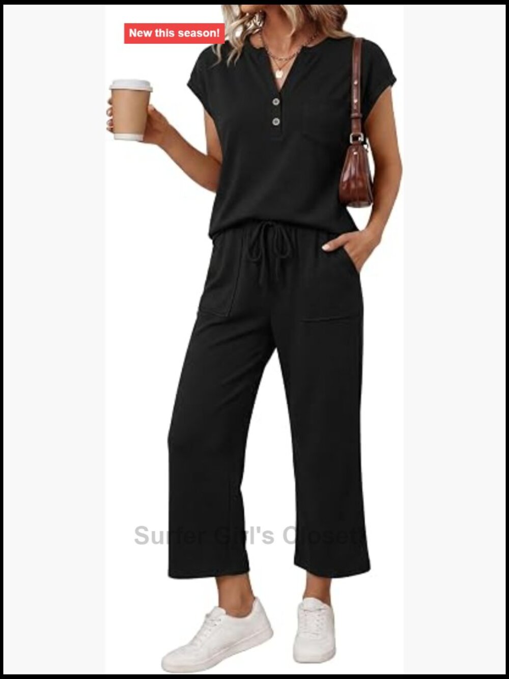 2 Piece Lounge Set V Neck Henley Wide Leg Crop Pants Matching Set